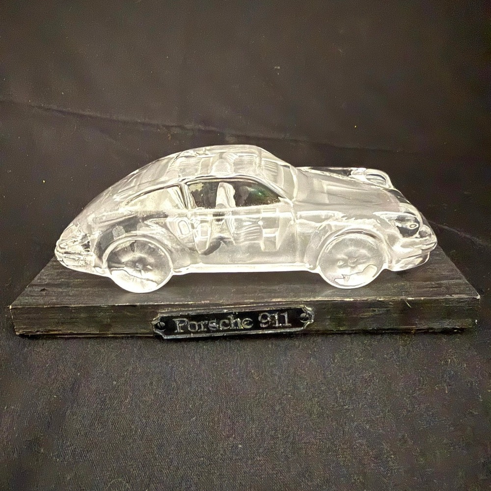 Hofbauer Porsche 911 Crystal Glass Car Sculpture Wood Base Paperweight 6.5" VTG
